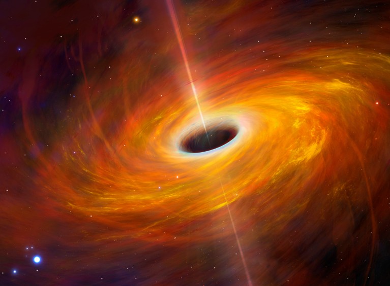 Illustration of a supermassive black hole shown in various shades of yellow and orange