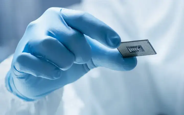 Gloved hand holding a glass slide in a research laboratory