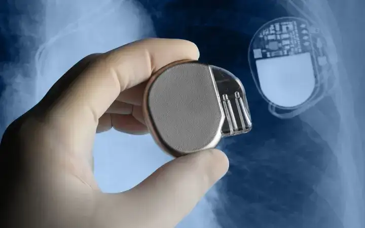 Hand holding a medical implant in front of an x-ray image