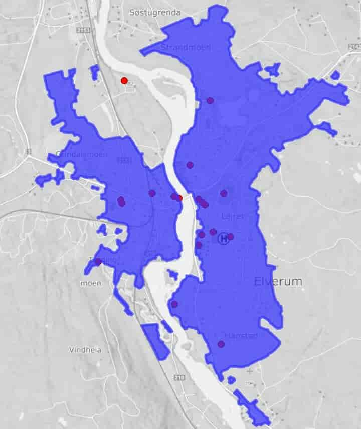 Tettstedet Elverum, utstrekning 2021