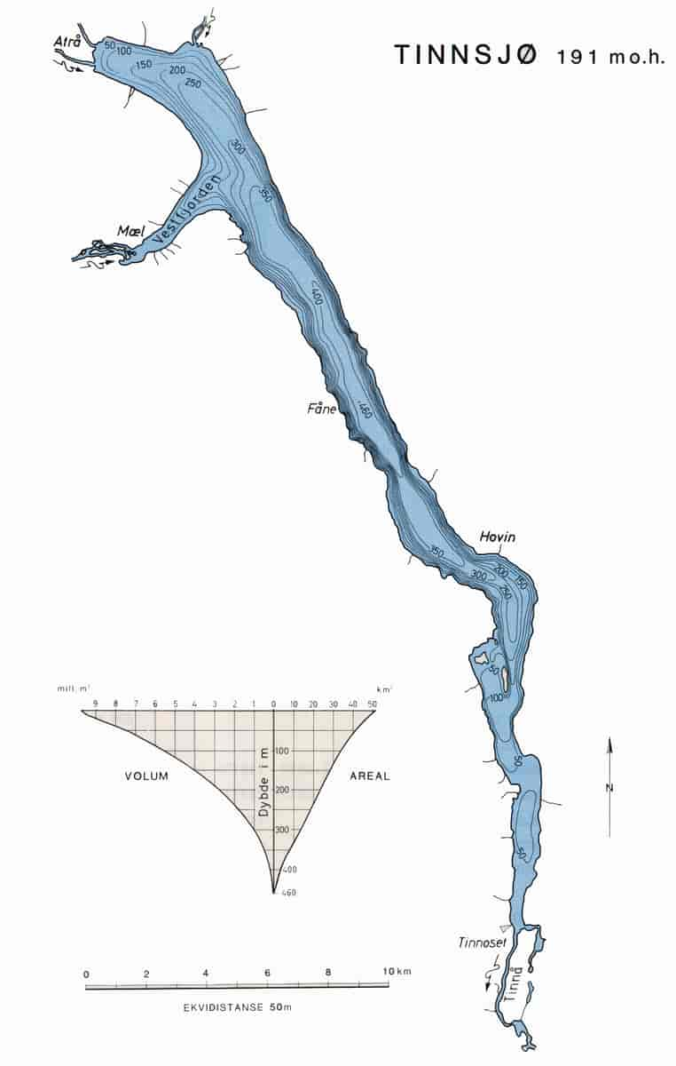 Djubdekart over Tinnsjå