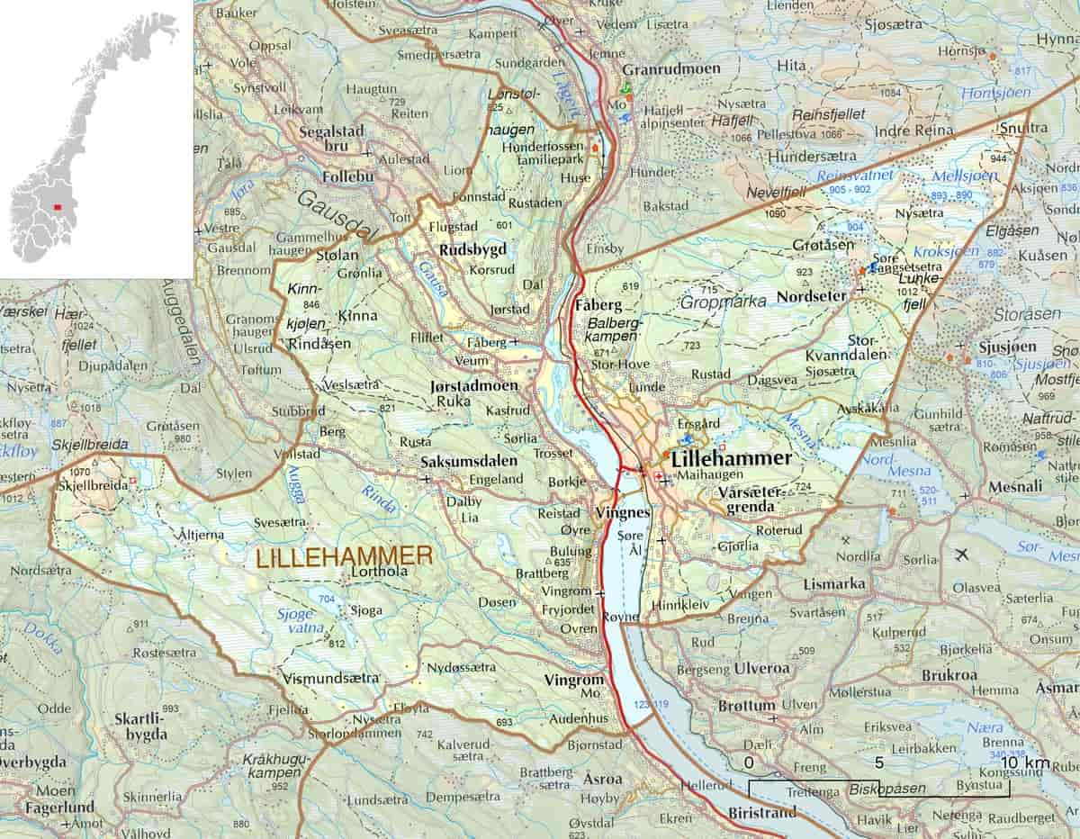 Kart over Lillehammer kommune