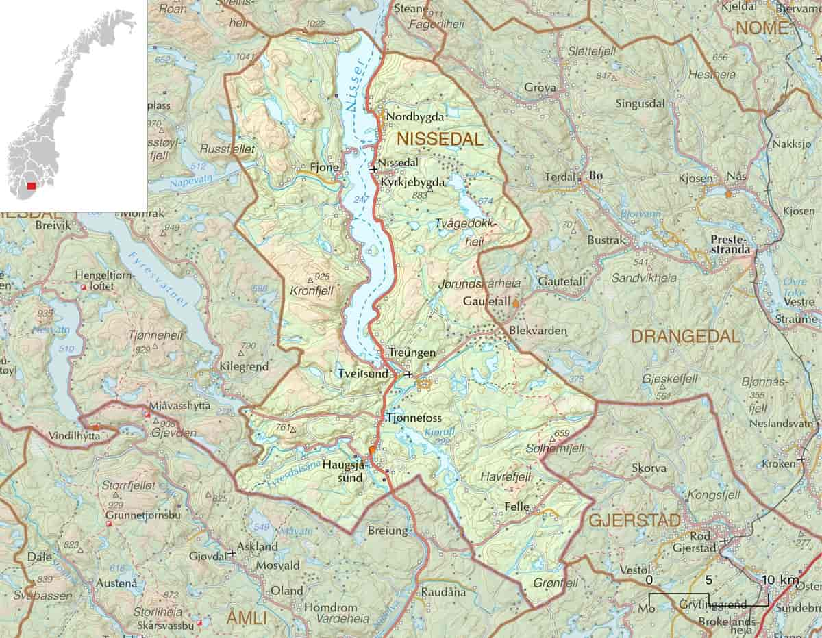 Kart over Nissedal kommune