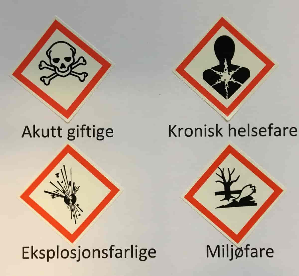 Fire advarselsskilt. De er hvite med røde rammer som står med spissen opp. Øverst fra venstre: 1. skilt Akutt giftige, 2. skilt: Kronisk helsefare, 3. skilt Eksplosjonsfarlige, 4. skilt: Miljøfare.