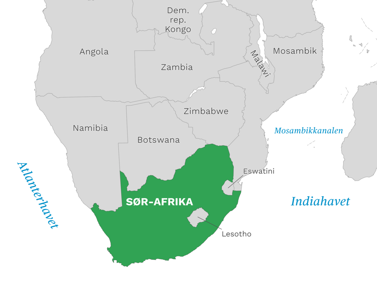 Plassering av Sør-Afrika med naboland rundt, kart