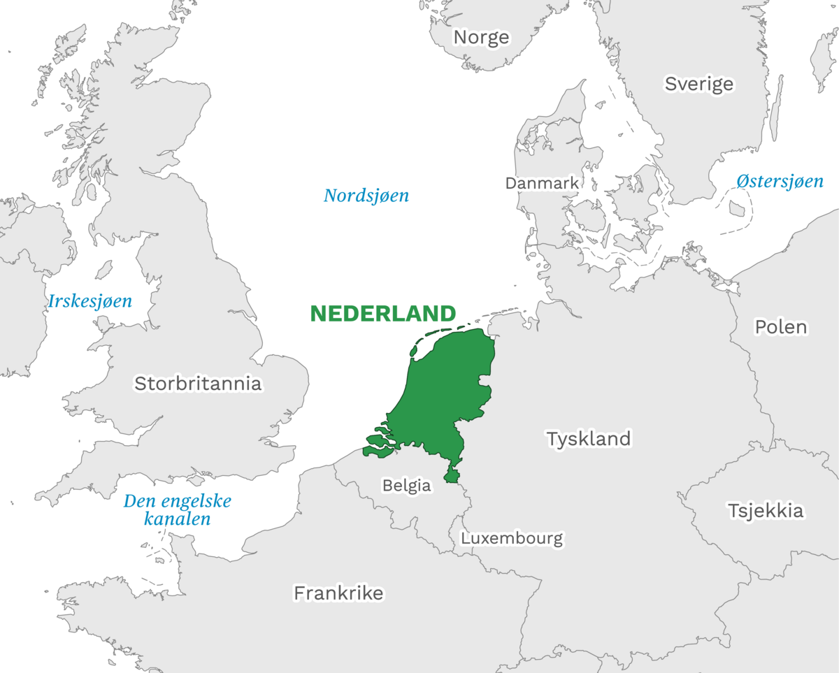 Plassering av Nederland med naboland rundt, kart