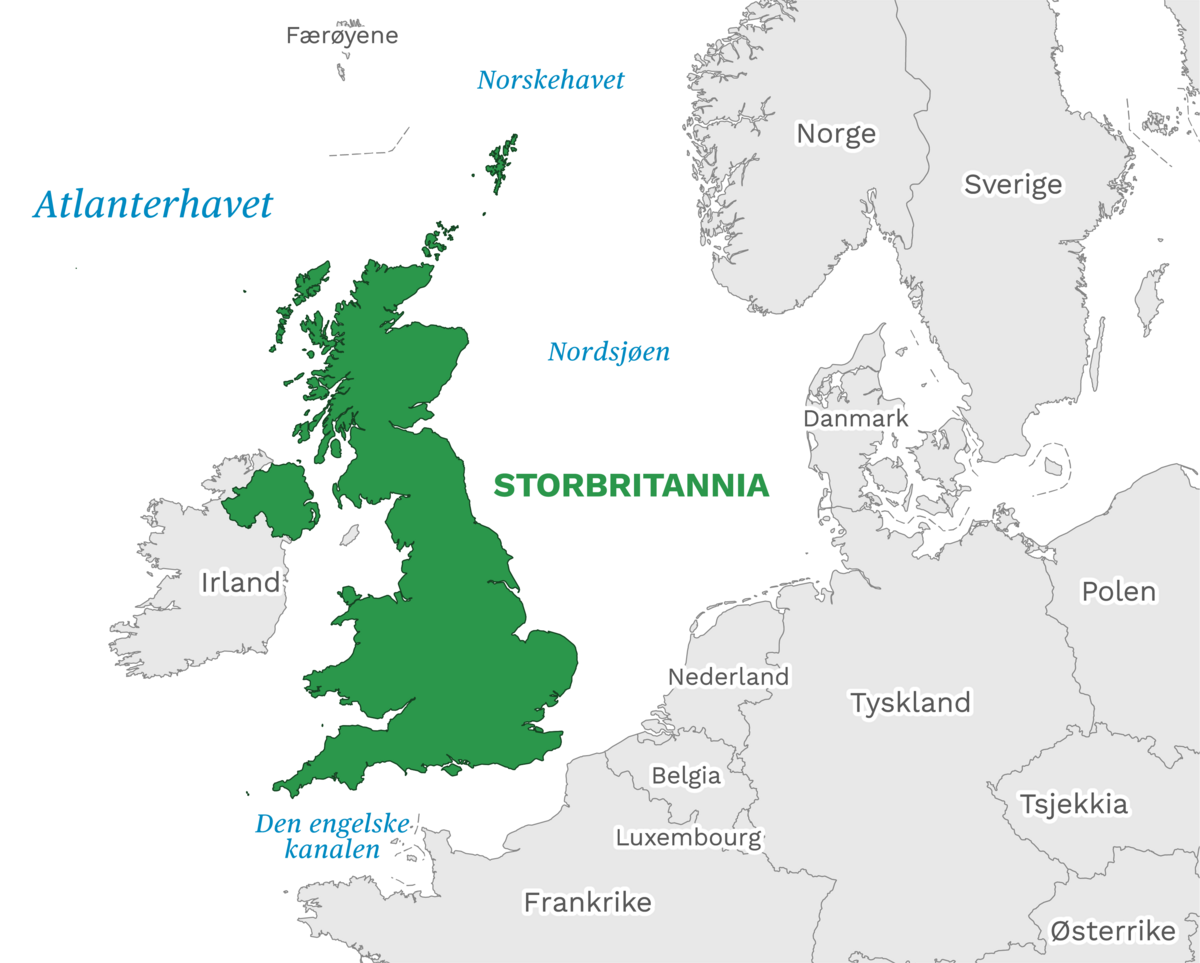 Plassering av Storbritannia med naboland rundt, kart