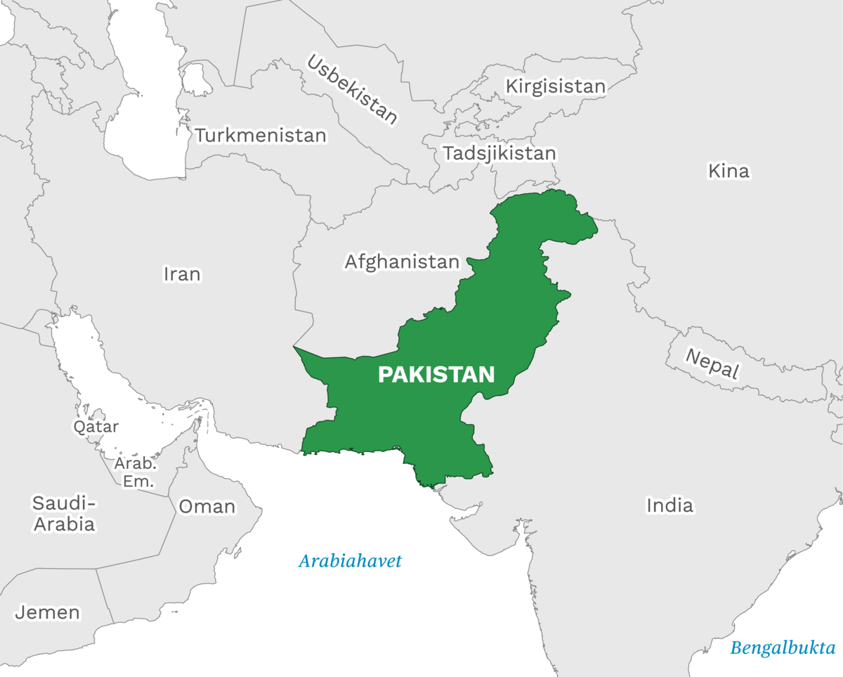 Plassering av Pakistan med naboland rundt, kart