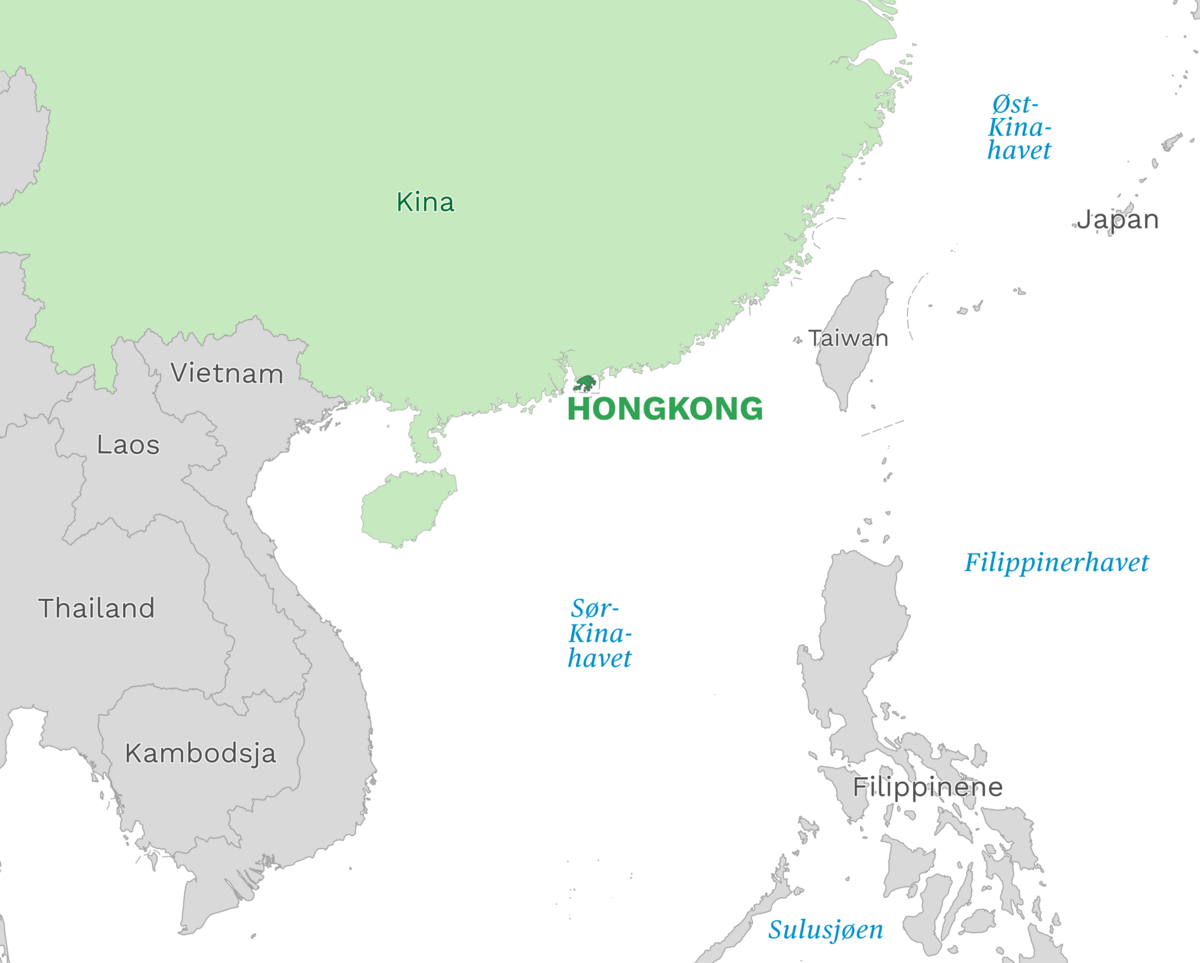 Plassering av Hongkong med naboland rundt, kart.