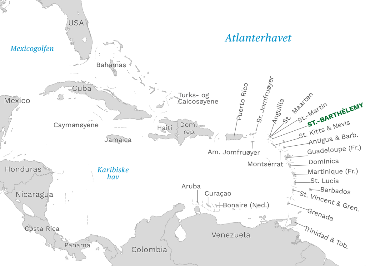 Plassering av St. Barthélemy med naboland rundt, kart
