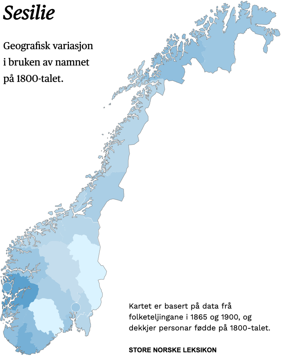 Geografisk variasjon i bruk av namnet Sesilie på 1800-talet.