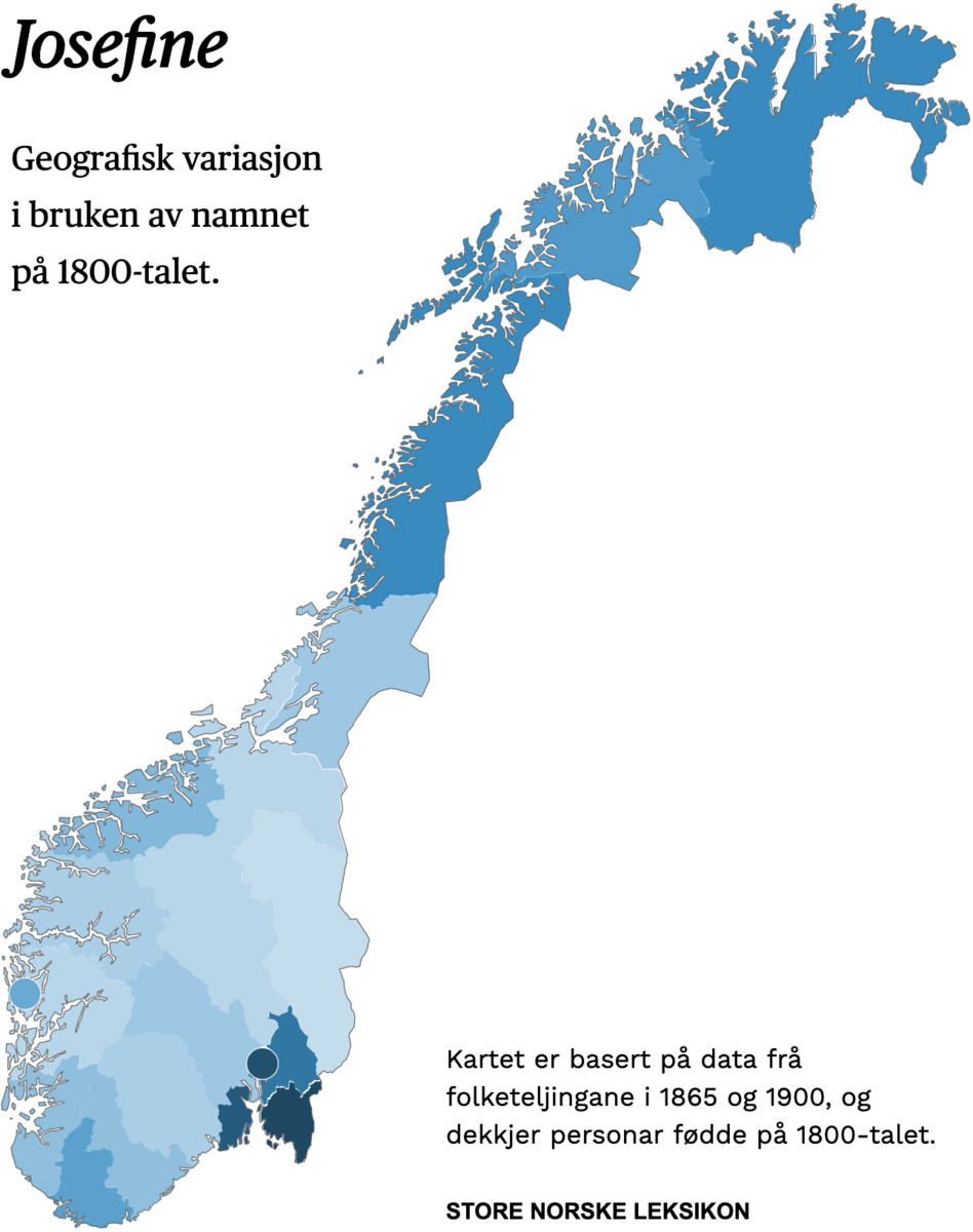 Geografisk variasjon i bruk av namnet Josefine på 1800-talet.