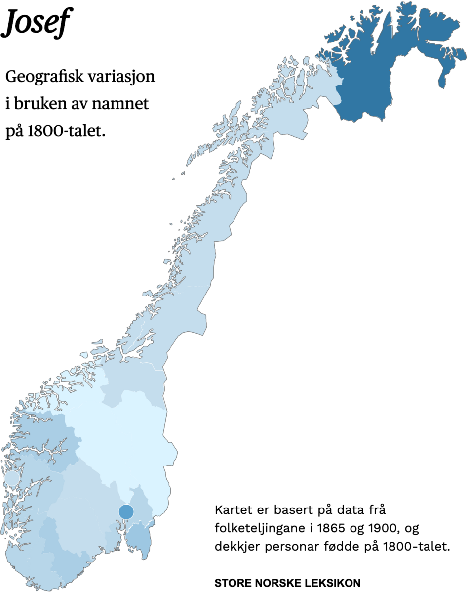 Geografisk variasjon i bruk av namnet Josef på 1800-talet.