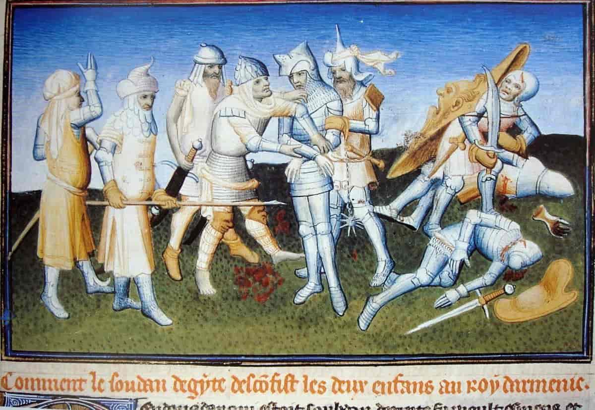 Maleriet viser mamelukk-riddere og armenske riddere i kamp.