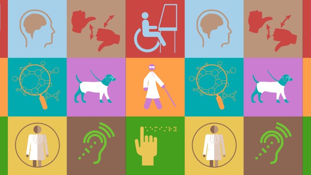 Various common disability icons are shown with a chemistry twist - including a wheelchair user symbol next to a fumehood the hidden disability symbol furnished with a labcoat