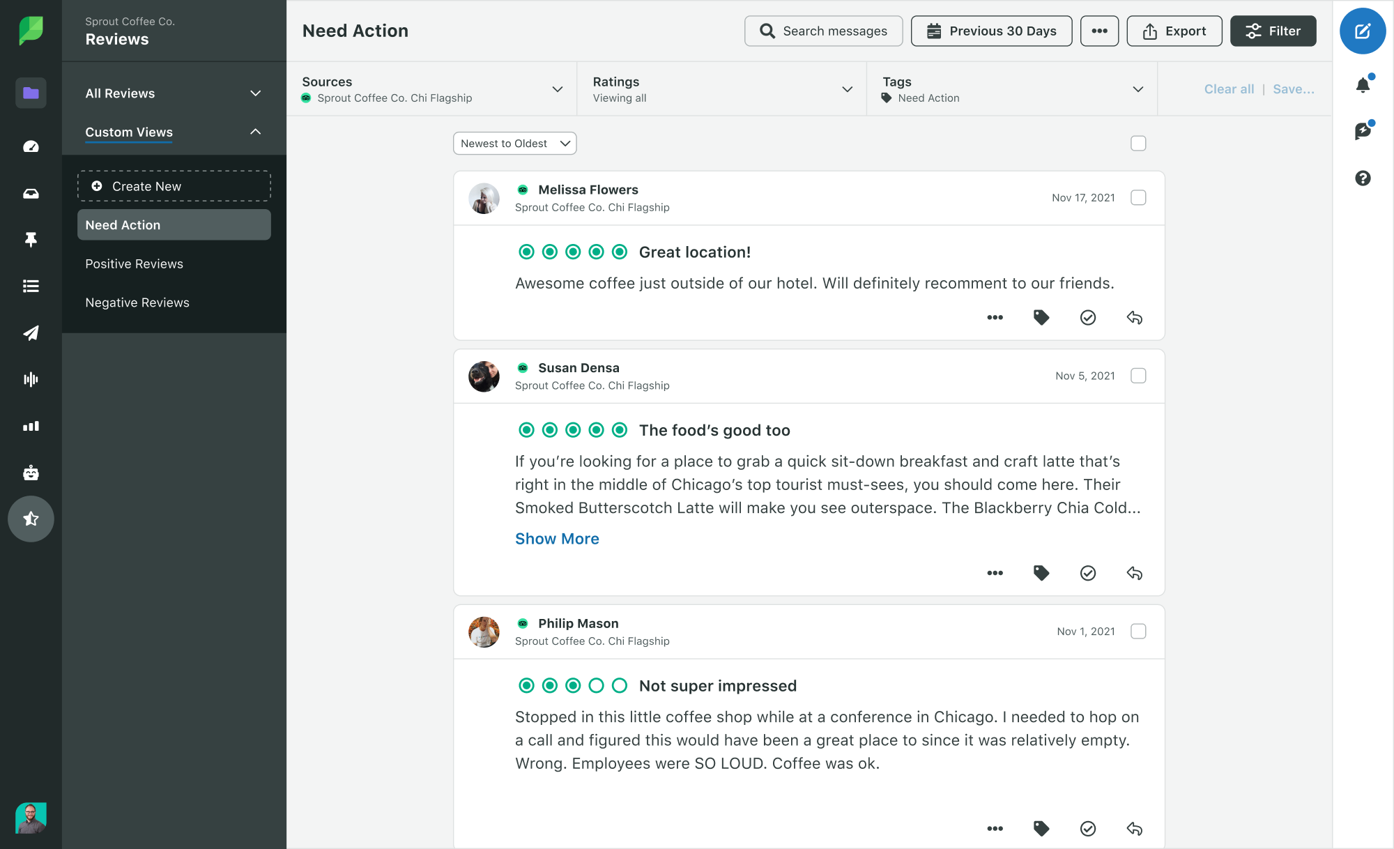 Sprout's dashboard showing reviews that can be filtered based on tags, ratings, etc.