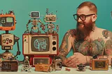 A man with tattoo, beard and glasses, smiling at many mini robots around him. AI image created on MidJourney by Henrique Centieiro and Bee Lee.