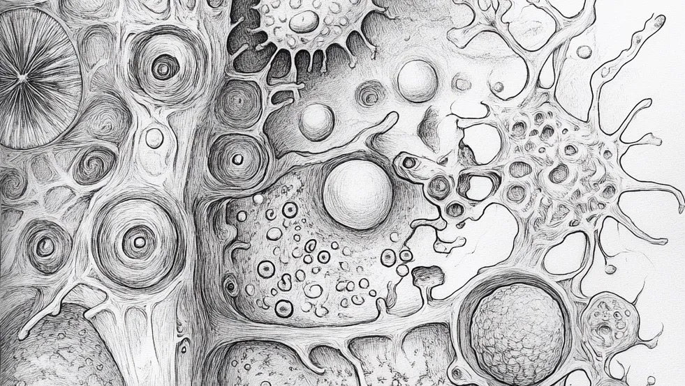 A black and white pencil sketch of cells and viruses and organic tissue. Image generated by MidJourney.