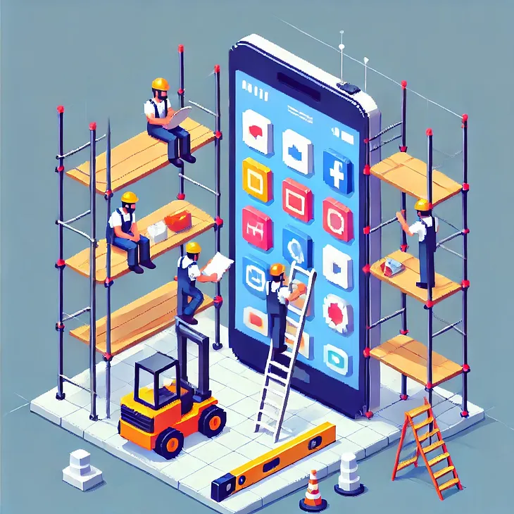 Builders construct a mobile phone interface in a square, isometric digital art image.