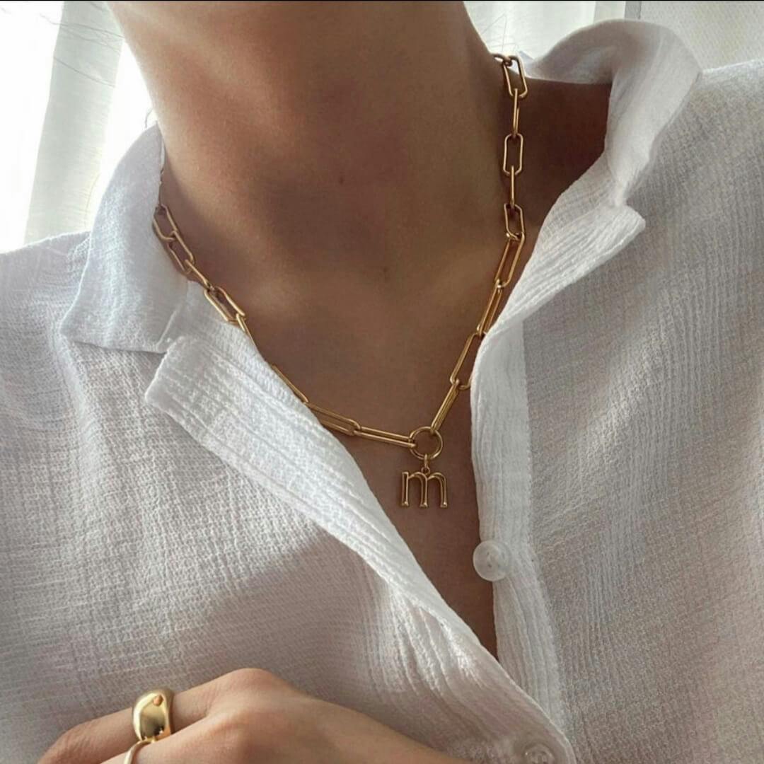 Initial Charm Necklace (Gold) on model