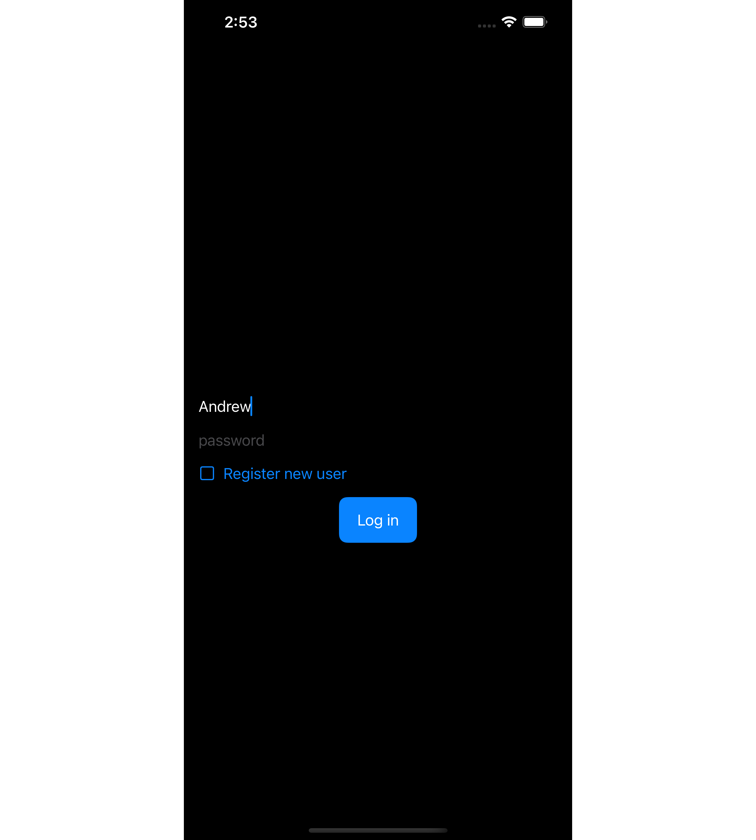 Screen capture of the login view. Fields to enter username and password. Checkbox to indicate that you're registering a new user. Button to login,