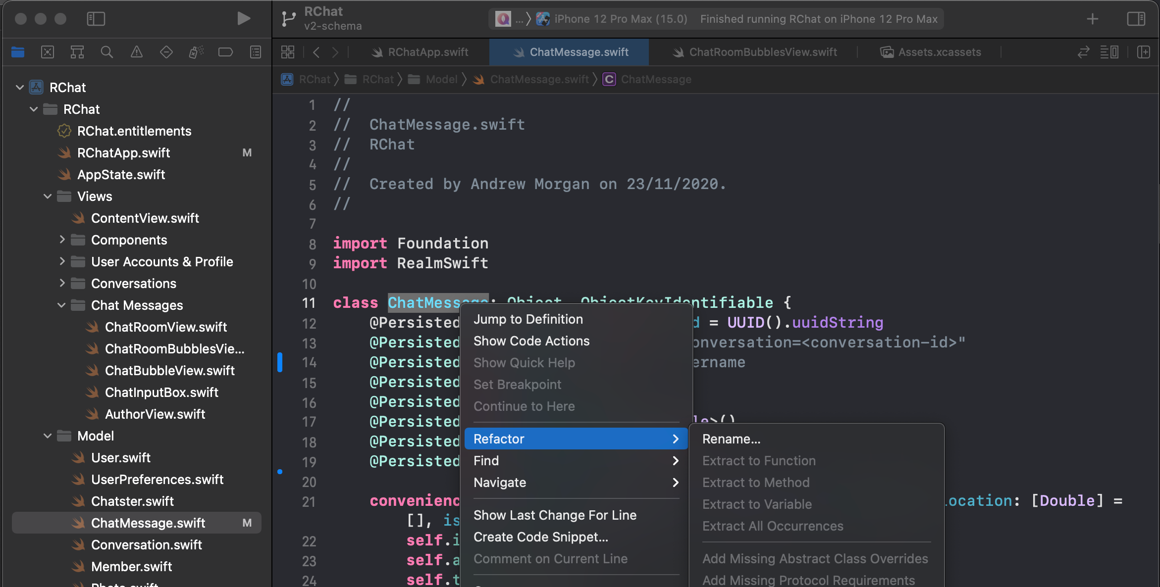 In Xcode, select the "ChatMessage" class name, right-click and select "Refactor -> Rename…"” /></p>
<p>Override the class name with <code>ChatMessageV2</code> and click “Rename”:</p>
<p><img decoding=