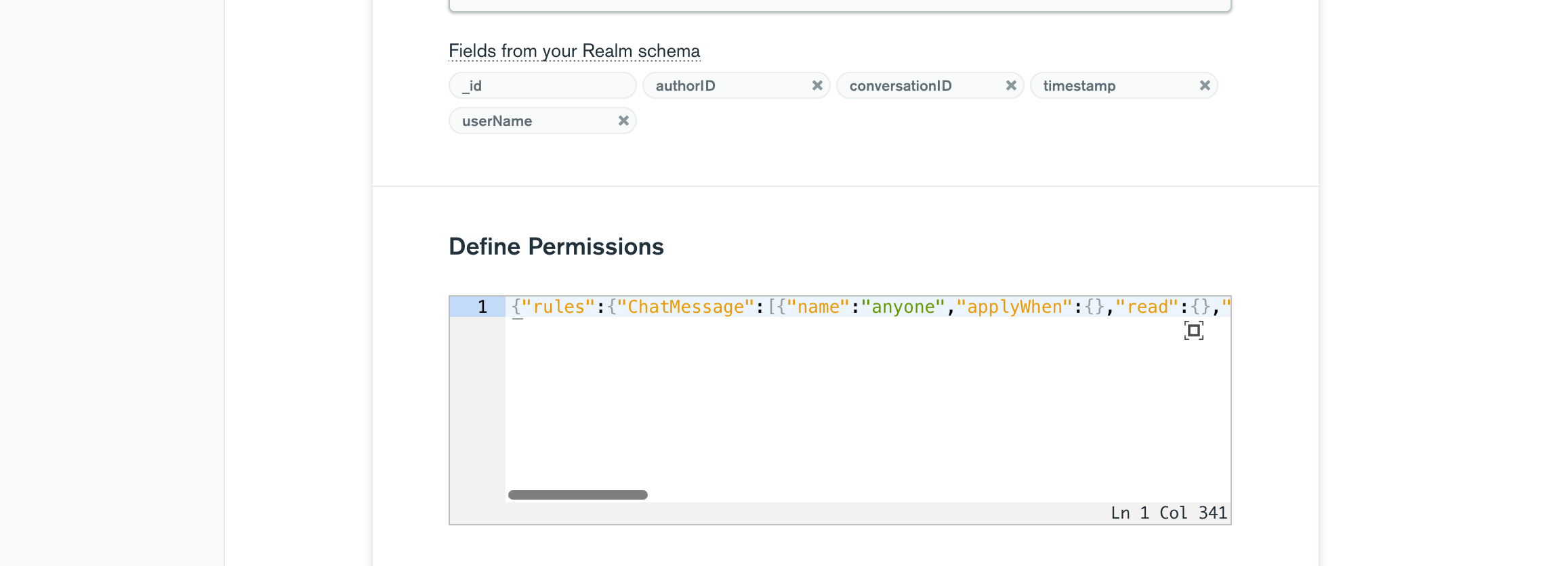 Screenshot of a JSON document representing sync permissions in the Realm UI