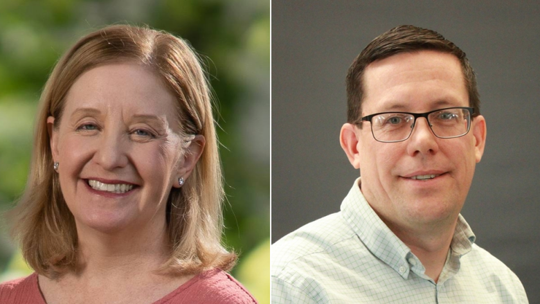 photo portraits of woman on left side man on right side