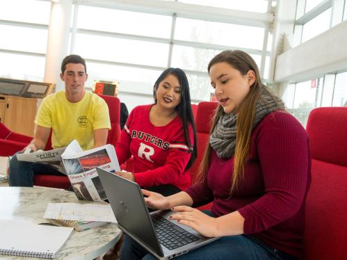 Students studying together in a brightly-lit lounge