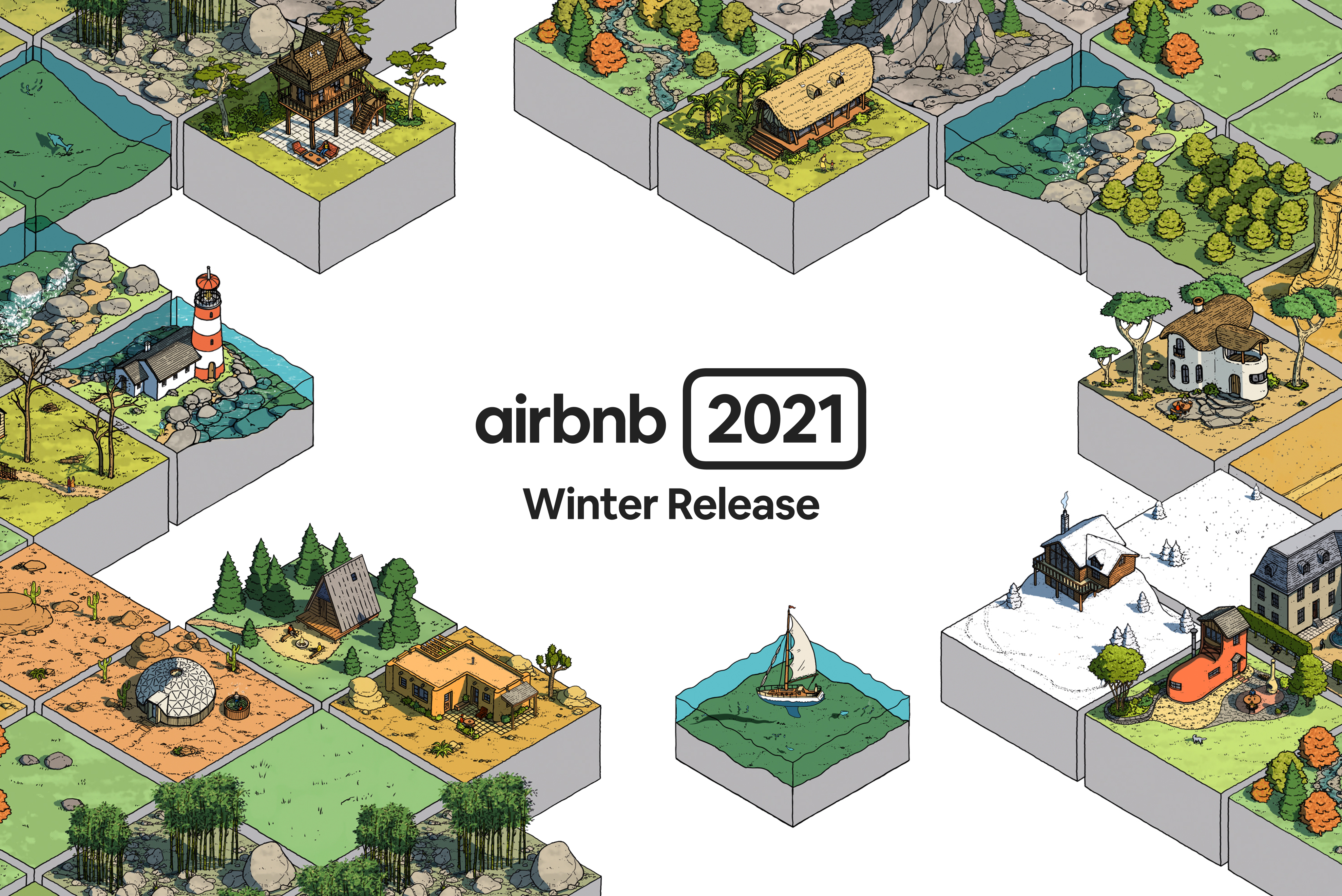 Airbnb 2021 Winter Release graphic with square puzzle pieces featuring different home illustrations.