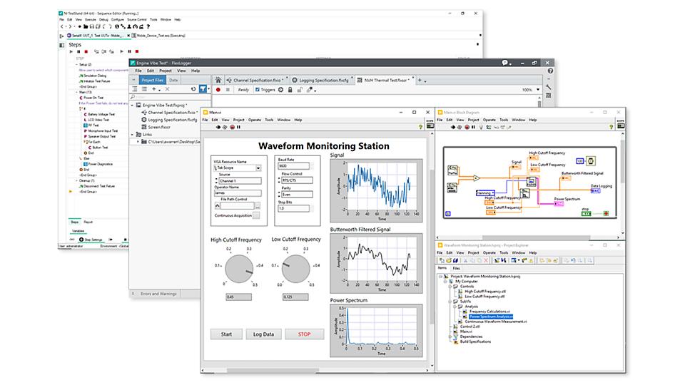 Panel frontal de la suite LabVIEW+, diagrama de bloques y ventana del proyecto con código que aparece en el monitor de una PC de escritorio