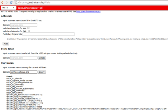 A view of chrome://net-internals/#hsts showing key pins for nonfreesoftware.org