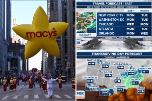 Macy's Thanksgiving Day Parade seen at left, people marching with big yellow Macy's branded star; at top right, travel forecast map for NYC, D.C., Chicago, Atlanta, Orlando; bottom right, thanksgiving day forecast for country from Fox Weather showing mild-cold temps.