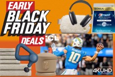 A collage of a man wearing a football uniform with lots of black friday deals