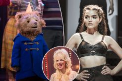 An image collage containing 3 images, Image 1 shows Paddington Bear, wearing a blue coat and party hat, stands center stage surrounded by actors and confetti, during the curtain call for "Paddington: The Musical.", Image 2 shows Rachel Zegler in Evita, Image 3 shows Carrie St. Louis, Katie Rose Clarke, and Quinn Titcomb in “Dolly: A True Original Musical."