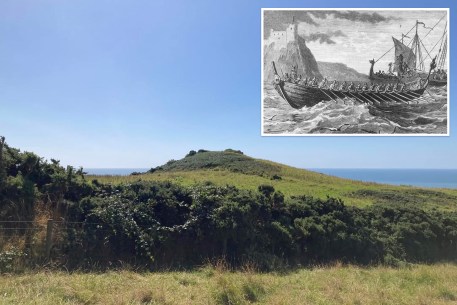 A photo of a grassy hill by the sea with an inset illustration of Viking longships.