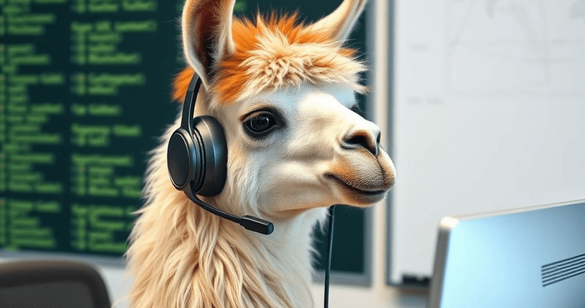 AI image of llama with headphones coding in an office at a desk