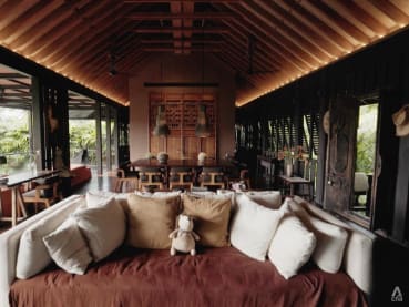 A modern Balinese longhouse built with lava stones from the volcano Mount Agung