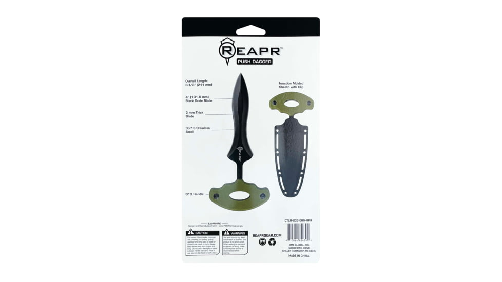 Reapr Push Dagger Fixed Blade Knife, 4in, 3Cr13 Stainless Steel, Green, Black, CTLR-033-GRN-RPR