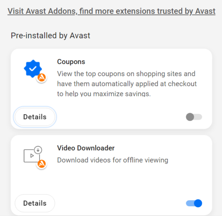 Screenshot of the extension list with two extensions listed under “Pre-installed by Avast”: Coupons and Video Downloader