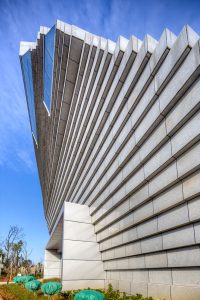 A close-up of the museum's massive 'anti-gravity' roof, designed to resemble hovering stairs