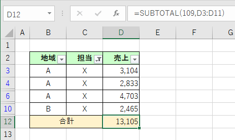 SUBTOTAL関数で合計を求める