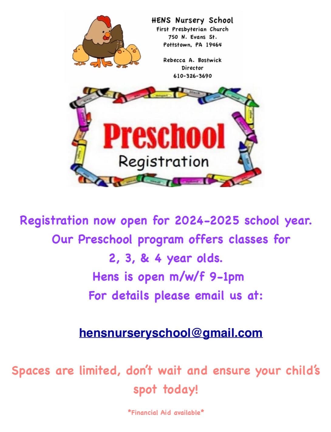 Preschool registration now open for the 24-25 school year.