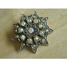 Vintage Flower Shaped Aura Borealis Diamante Brooch Stamped Reg. Des.