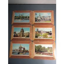 Set Of 6 Vintage Cork Back Coasters English Scenes of London 7 3/4" x 5 3/4"