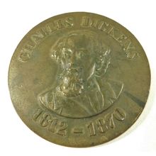 Antique Bronze Medallion Plaque Disc Commemorating Charles Dickens 1812 - 1870