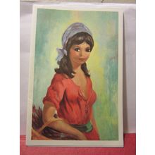 PRETTY GIRL painting. unused printed 14 x 9 cms notelet 1970s? =