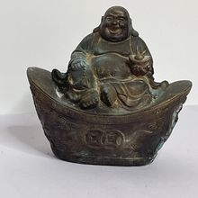 Chinese Buddha Ingot Bronze Statue Verdigris, Make offer!