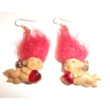 Vintage Russ Cupid Earrings with Red Hair Holding a Red Glass Heart Russ