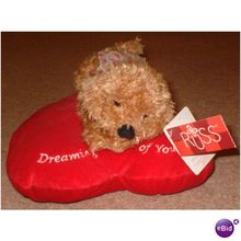 RUSS SOFT TOY DOG ON RED HEART SHAPED CUSHION MINT CONDITION BNWT